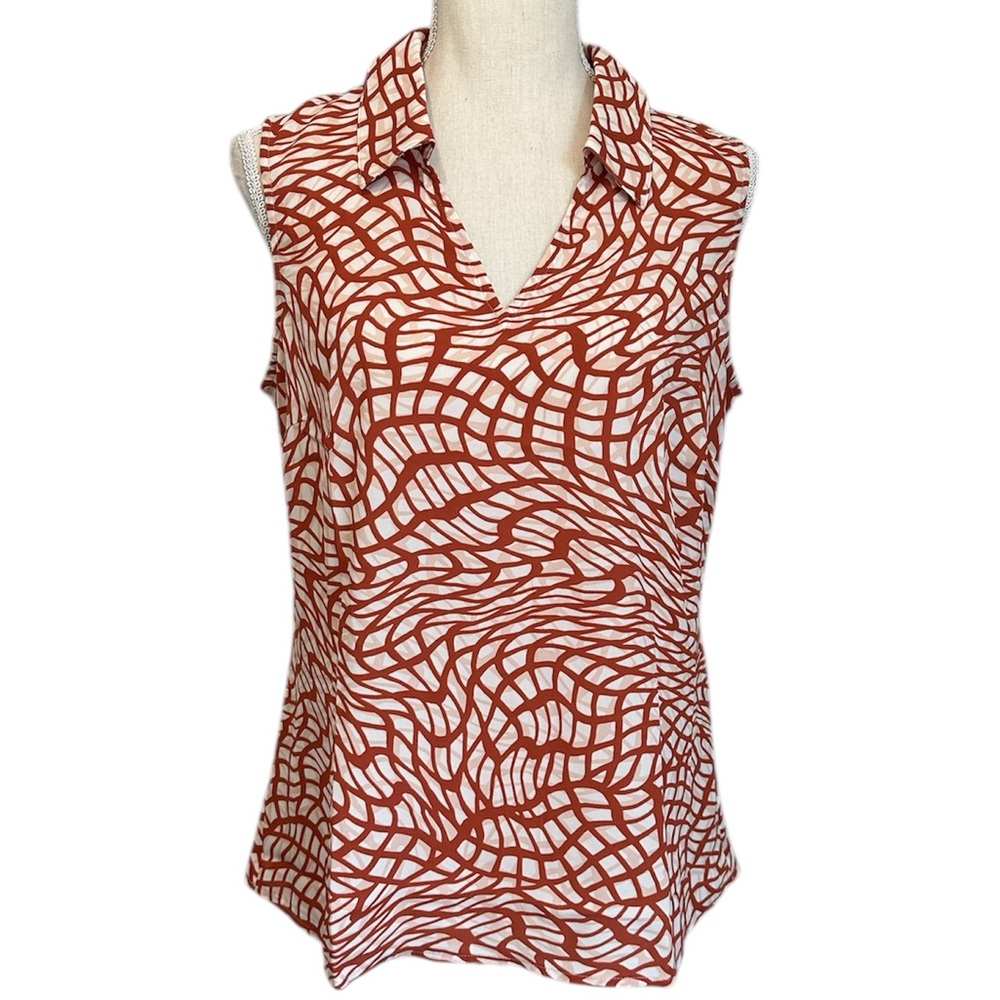 CAbi Blouse Twirl Patterned Sleeveless Top Orange Cream NWOT Women’s Size Small